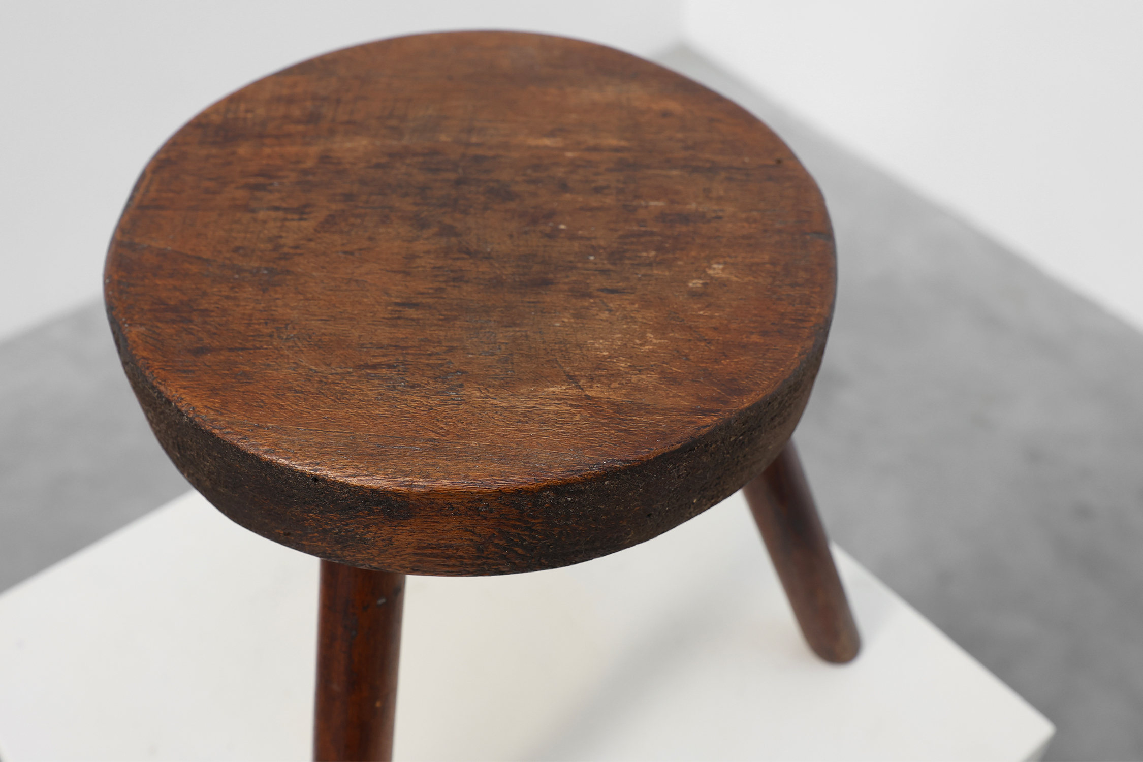 Rustic oak wooden tripod stool, France, ca. 1900thumbnail